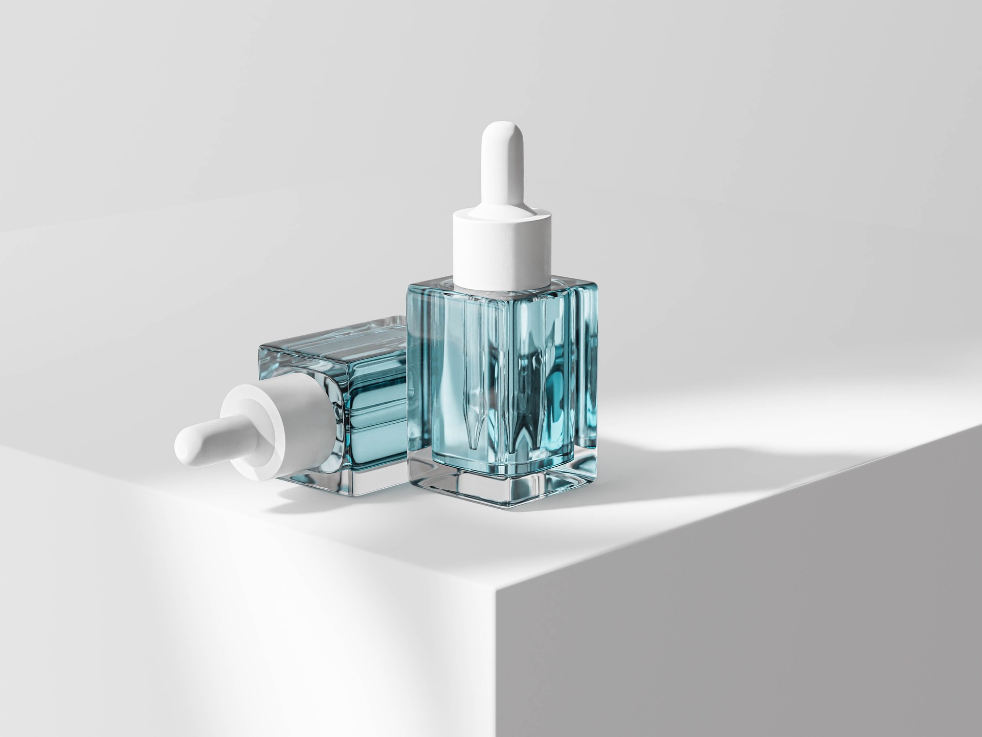 Set of square dropper bottle mockup, luxury cosmetic bottle mockup, empty labeled skincare container, cubic shapes packaging on clean symmetry background, perfume bottle, essential oil packaging