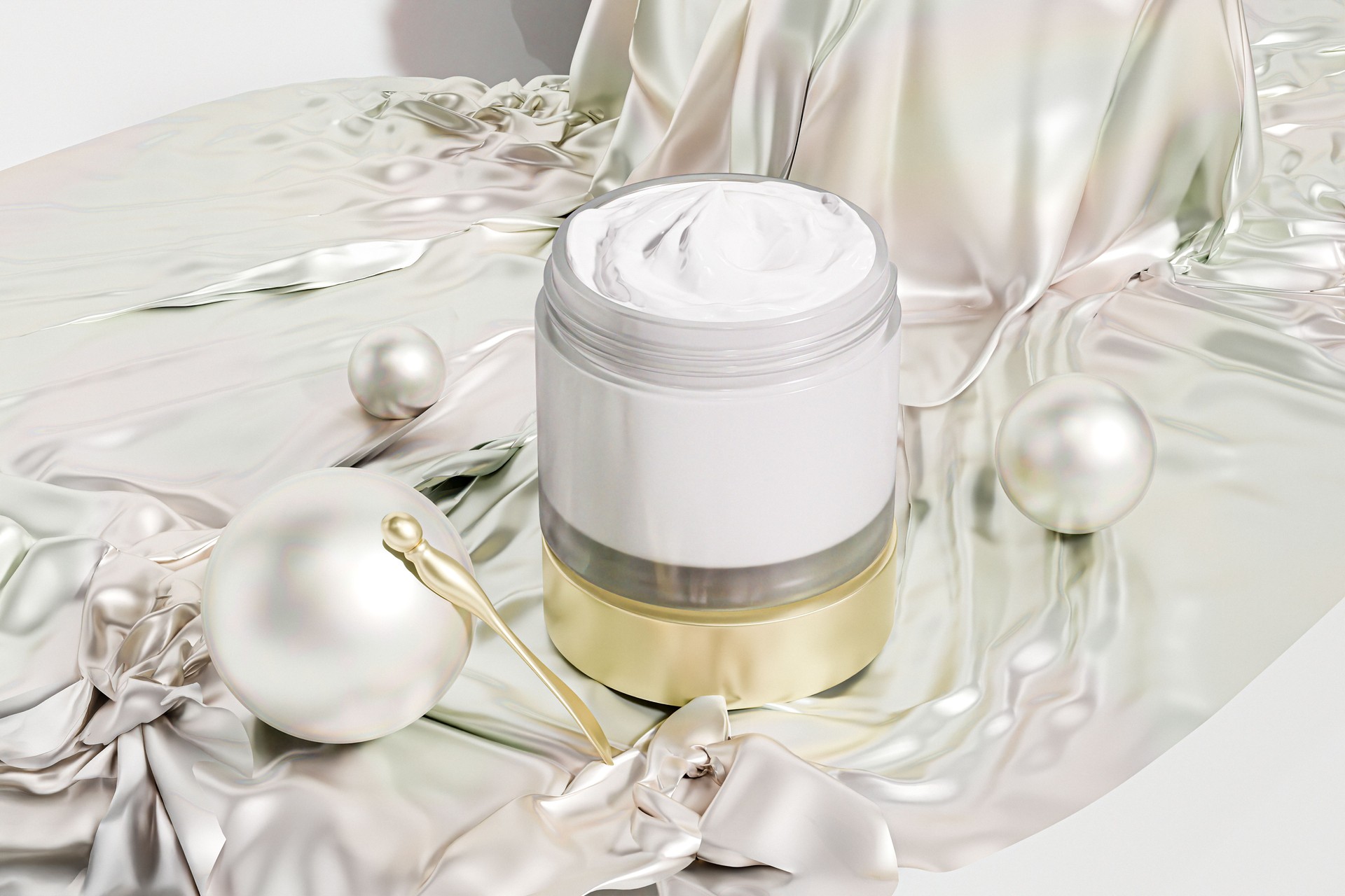 Frost Glass Cream jar and aluminum gold cap mockup, round skincare container with gold screw lid, cylindrical facial cream Packaging, luxury whitening cream product, electroplating cosmetic packaging